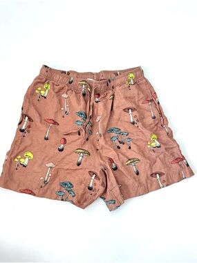The Bright Side Mushroom Novelty Print Shorts Linen Drawstring Elastic Waist S